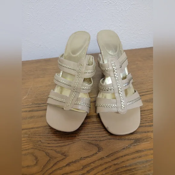 #9 Tan Slide-On Sandals with Block Heel & Gold Accents 10 - Picture 3 of 14